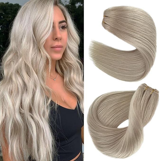 Sew in Hair Extensions Ice Blonde Human Hair Weft Extensions Hand Tied 20 Inch 100G Silky Straight White Blonde Weft Bundles Full Head Sew in Real Human Hair Hand Tied Wefts for Women