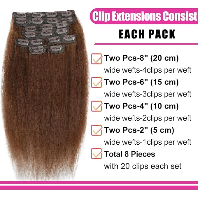18 Inch Brown Kinky Straight Clip in Hair Extensions Real Human Hair for Black Women Yaki Straight Clip ins unprocessed Brazilian Remy Human Hair Extensions Yaki clip ins hari extensions double weft