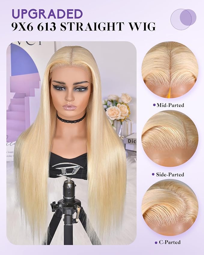 613 Lace Front Wig Human Hair 180% Density Wear and Go Glueless Wigs Human Hair Blonde Wig Human Hair Pre cut Lace Pre Plucked Real Bleached Knots (22inch,9X6 Straight Wig)