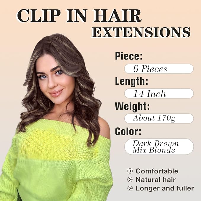 NAYOO Clip in Hair Extensions for Women 14 Inch Short Wavy Curly Dark Brown Mix Blonde Hairpieces Full Head Synthetic Hair Hairpieces(6PCS, Dark Brown Mix Blonde)