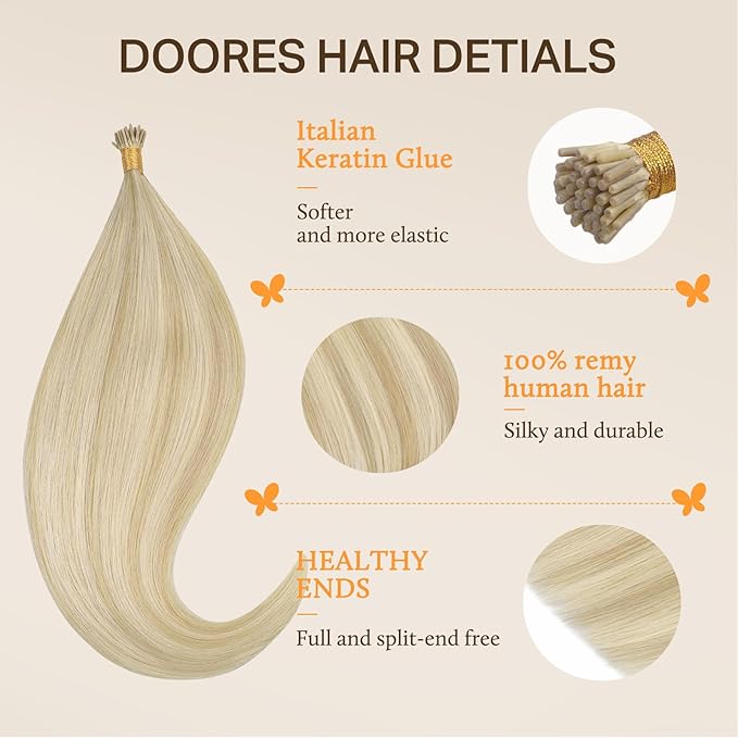DOORES I Tip Hair Extensions Human Hair, Dark Blonde Highlighted Bleach Blonde 50g/50s 22 Inch, Itips Straight Remy Hair Extensions Cold Fusion Human Hair Extensions for Women