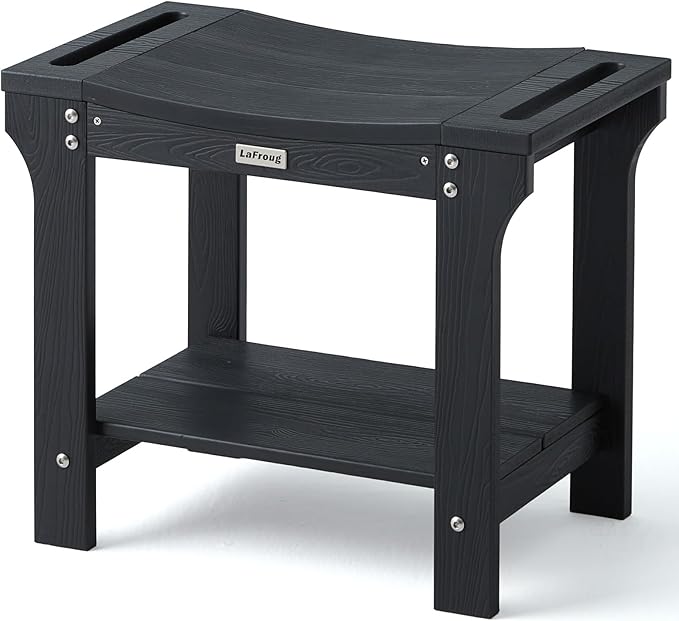 20.5'' HDPS Shower Bench Seat, Poly Lumber Shower Stool Waterproof, 2-Tier Plastic Bath Spa Chair Seat for Shaving Legs with Storage Shelf, No Maintenance, Black, Weight Capacity 500LBS