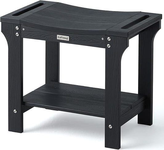 20.5'' HDPS Shower Bench Seat, Poly Lumber Shower Stool Waterproof, 2-Tier Plastic Bath Spa Chair Seat for Shaving Legs with Storage Shelf, No Maintenance, Black, Weight Capacity 500LBS