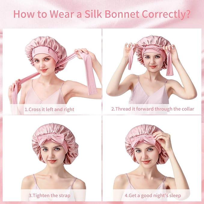 Silk Bonnet for Sleeping Women, 22 Momme 100% Mulberry Silk Sleep Cap, Double-Layer Reversible Silk Hair Wrap for Women & Night Hair Care, Fits All Hair Types – Pink