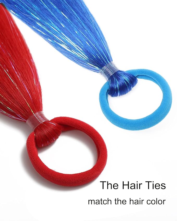 Colored Hair Extensions Red and Blue Ponytail Extension 2 Packs, 20 inch Crazy Hair Day Accessories for Women, DIY Festival Wacky Rave Braids,Tinsel Mixed