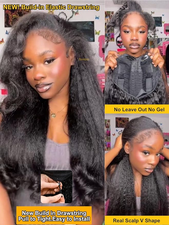 Sunber EasiContour Kinky Straight V Part Human Hair Glueless Wigs with Drawstring No Leave Out No Gel 180% Density Vpart light Kinky straight Clip In Half Wigs No Leave Out Real Scalp V Shape 16Inch