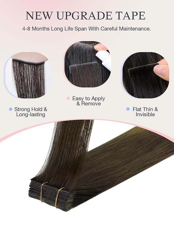 DOORES Invisi Edge Human Hair Extensions Tape in, Natural Black to Dark Brown and Chocolate Brown 10 Injection Tape-ins with 10 Classic Tape-ins 50g 24 Inch, Injection Tape in Extensions