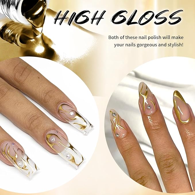 12ml Metallic Painting Gel Liner Nail Art 3D Mirror Chrome Effect Nail Polish Metal Painted Drawing Build in Thin Brush Soak Off UV/LED Gold Striper Gel for Salon Home DIY Manicure