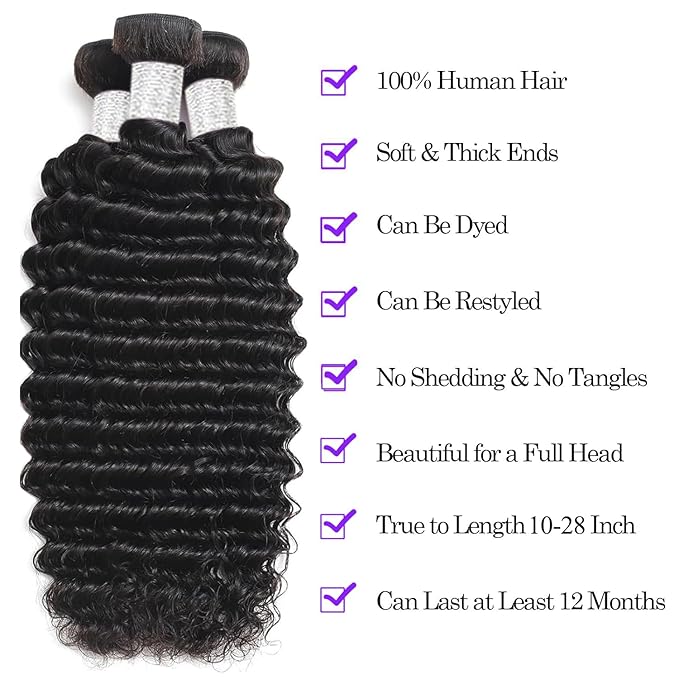 VIOLET 12A Human Hair Bundles 12 14 16 Inch Deep Wave Bundles Human Hair 100% Unprocessed Brazilian Virgin Hair Deep Wave 3 Bundles Human Hair Extensions for Women Natural Black