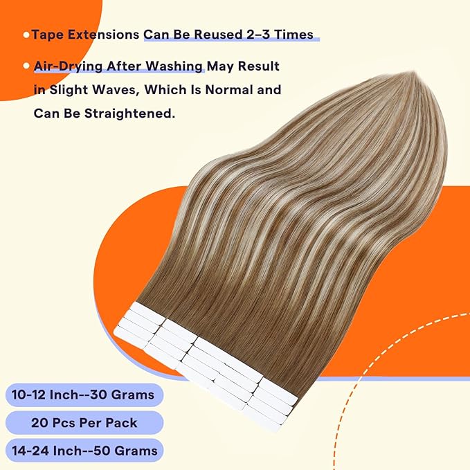 Full Shine Tape in Hair Extensions 20 Inch Tape Extensions for Women Color 6 Fading to 6 Brown and 60 Platinum Blonde 50 Gram Seamless Human Hair Extensions Tape Ins 20 PCS Add Length