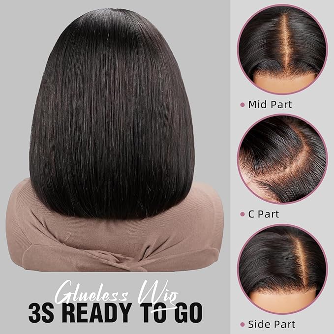 12inch 5x6 Bob Wig Human Hair 12A Pre Cut-Wear and Go Glueless Wig Human Hair C-Part 210% Density Real Bleached Knots Straight Hair Bob Wigs