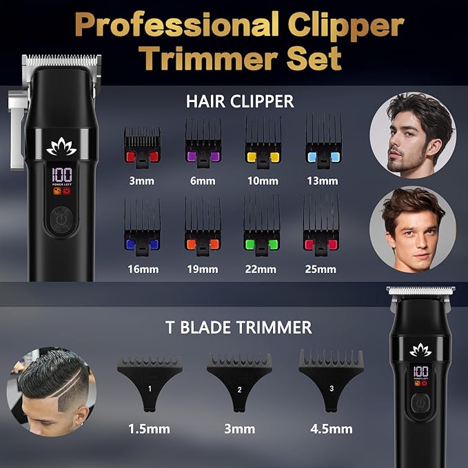 AMULISS Professional Hair Clippers and Trimmer Set for Men - Cordless Haircut Kit with LED Display, Zero-Gap T-Blade Mens Grooming Beard Trimmer for Family & Barber Use (Black)