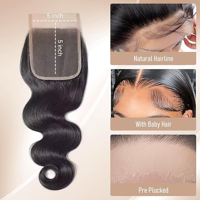 Lynch 15A Body Wave Bundles Human Hair, 18 20 22+16 Inch 5x5 HD Lace Closure, Real 100% Unprocessed Cambodian Raw Virgin Human Hair 3 Bundles with Closure, 105g/Bundle Natural Black For Woman