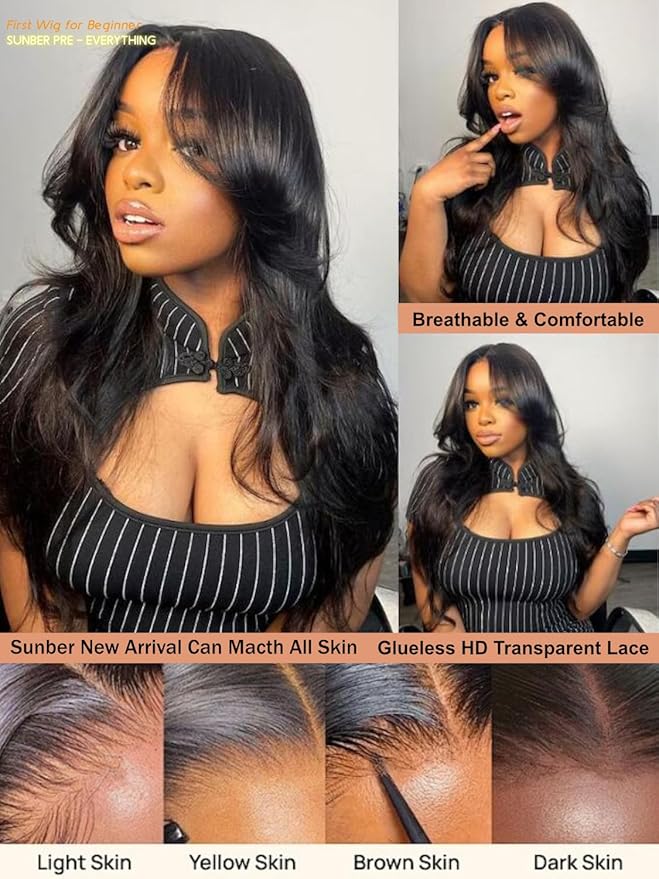 Sunber Put On and Go Glueless Wigs Pre Plucked Pre Bleached Human Hair Loose Wace With Curtain Bangs Bye Bye Knots Pre Cut Lace 13X4 HD Lace Front Wig 16Inch