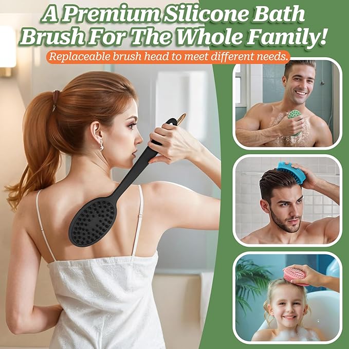 Silicone Face & Back Scrubber Set, Manual Face & Body Scrubber Exfoliator with Soft Bristles and Non-Slip Handle, Back Brush Bath Brush with 2 Detachable Brush Heads(3PCS Blue Set)