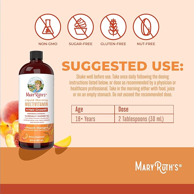 MaryRuth's Liquid Multivitamin+Hair Growth | Clinically Tested for Thicker Hair & Facial Wrinkles in Women | Biotin 10000mcg | Lustriva Hair Growth Supplement | Skin Care | Age 18+ | 30 Fl Oz