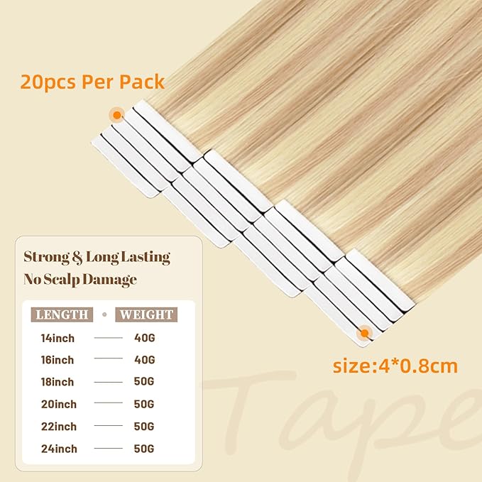 DNE Tape in Hair Extensions Real Human Hair 22 inches 20Pcs/50g/Pack Seamless #27/613 Light Color Straight Invisible Double Sided Tape in Hair Extensions for Women/Girls Can Bleached and Curl
