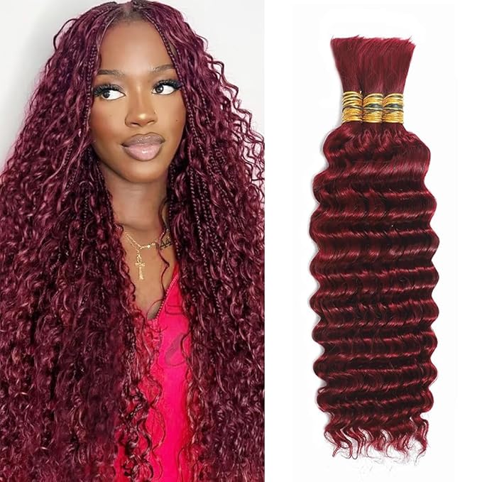 99J Human Braiding Hair for Boho Braids 18 Inch Burgundy Deep Wave Bulk Human Hair Red Wet and Wavy Braids Extensions