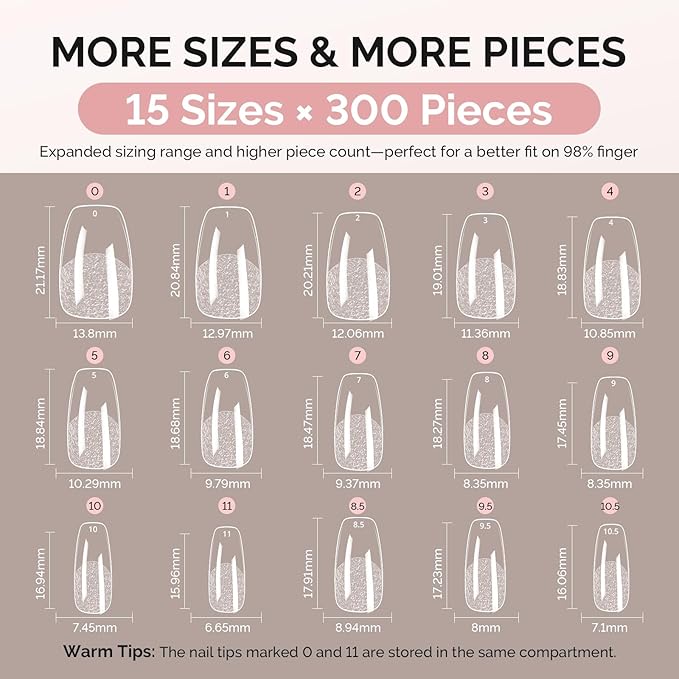 MelodySusie Short Ballerina X Nail Tips - 300Pcs 15Sizes Clear Acrylic, Half Matte Full Cover Press on Nails for DIY Extension & Salon Use,Pre-Shaped for Long-Lasting Manicure