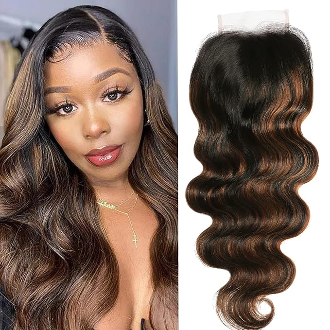UNICE Ombre Highlight Body Wave 4x4 Lace Closure Free Part, Brown Human Hair Wavy Closure with Dark Roots FB30 Color 20 inch