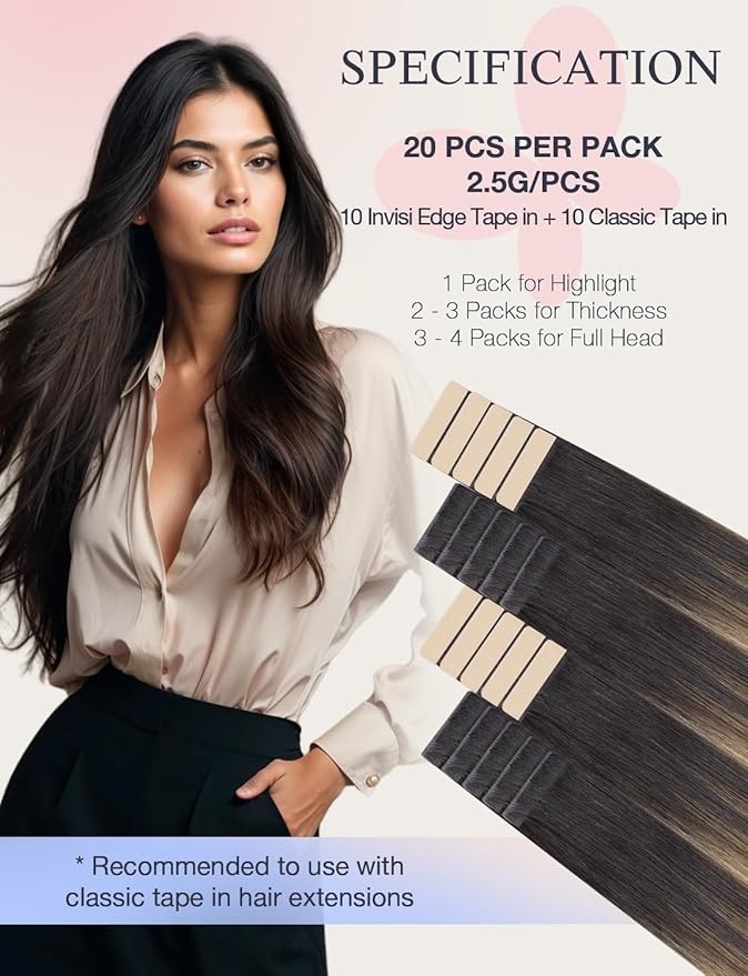 DOORES Invisi Edge Human Hair Tape in Extensions, Dark Brown to Dirty Blonde 10 Injection Tape-ins with 10 Classic Tape-ins 50g 14 Inch, Virgin Hair Injection Tape in Extensions