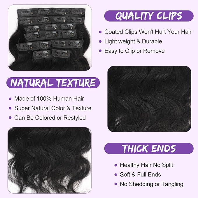 Body Wave Brazilian Clip in Hair Extensions Human Hair 8Pcs Remy Hair Extensions Clip ins for Black Women with 20 Clips 110g (16 Inch, Natural Black)
