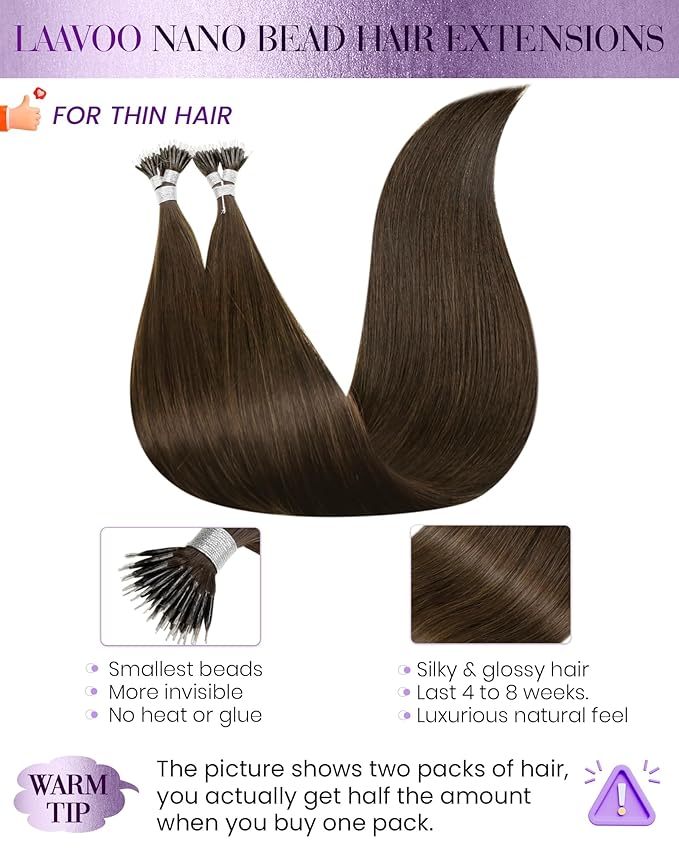 LaaVoo Nano Hair Extensions Human Hair Dark Brown Nano Ring Hair Extension Brown Nano Bead Extensions Human Hair 50g 50s 14inch