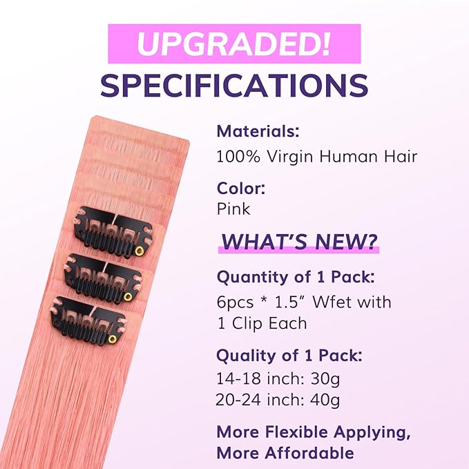 IDN BEAUTY Seamless Clip In Hair Extensions Human Hair, 14 Inch 30g 6Pcs Pink Straight Real Virgin Human Hair Seamless Clip Ins For Black Women PU Weft Invisible Edge