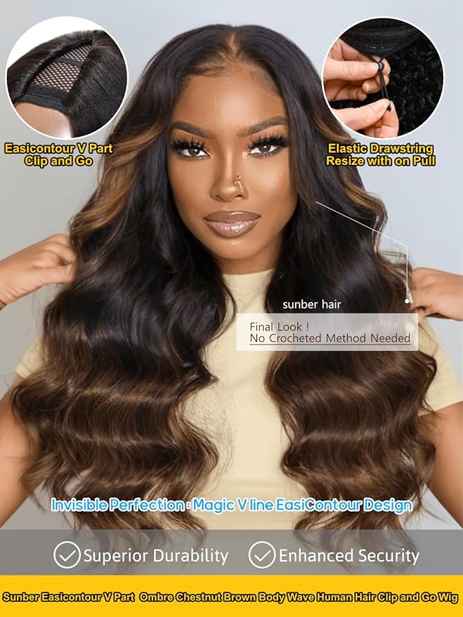 Sunber EasiContour V Part Human Hair Glueless Ombre Chestnut Brown Body Wave Wig Upgrade Vpart Wigs 180% Density No Leave Out No Gel V Shape Clip No Sew in Beginner Friendly Put On and Go 24Inch