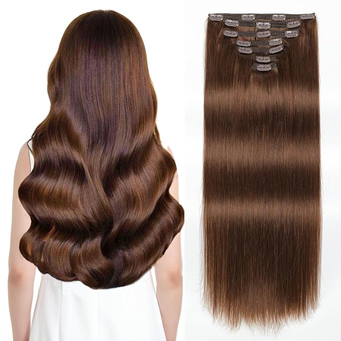 Sisily Clip in Hair Extensions Real Human Hair, 16 inch 140g, Chocolate Brown, 100% Brazilian Remy Human Hair Clip in Extensions Soft Straight 7pcs Per Set with 16 Clips Double Weft