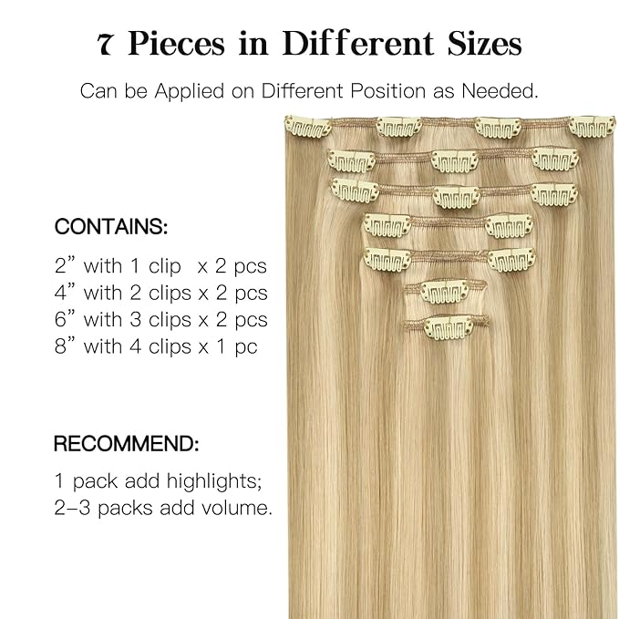 HOTBANANA Clip in Human Hair Extensions, Drity Blonde Highlight Golden Blonde 120g 18 Inch 7pcs, Clip in Hair Extensions Remy Human Natural Straight