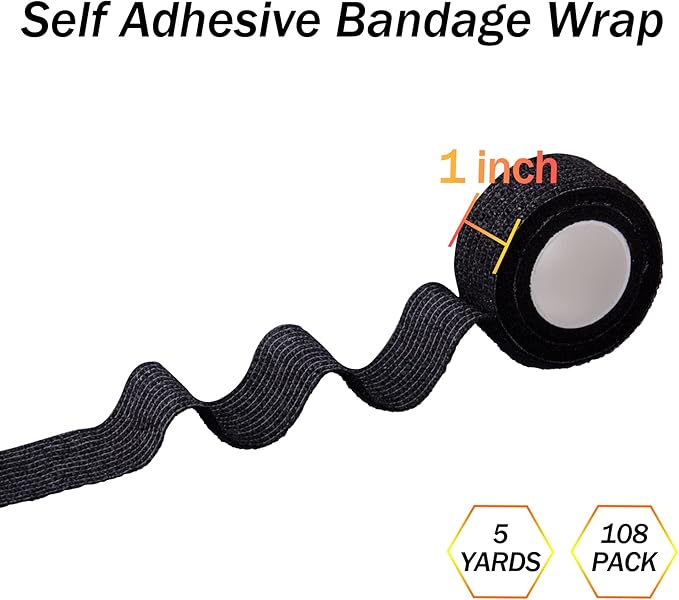 BQTQ 108 Rolls Self Adhesive Bandage Wrap 1 Inch Black Self Stick Bandage Athletic Wrap Tape Self Adherent Wrap Stretch Bandages Wraps Tape for Wrist Ankle Swelling Sprains
