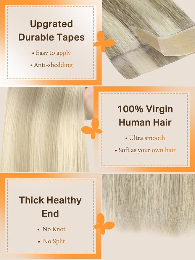 DOORES Hair Extensions Real Human Hair, Ash Blonde Highlighted Platinum Blonde 12 Inch 20g 10pcs, Tape in Hair Extensions Human Hair Straight Hair Skin Weft