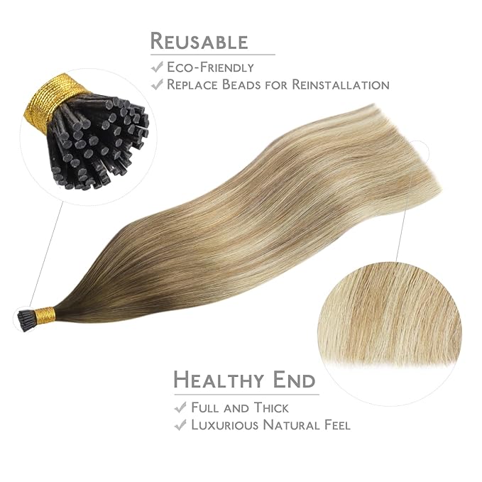 WENNALIFE I Tip Hair Extensions Human Hair, 50g 50s 22 Inch Ombre Walnut Brown to Ash Brown and Bleach Blonde Remy Itip Human Hair Extensions Invisible Itips Straight I Tips Fusion Extensions Real
