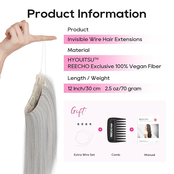 REECHO 12" Invisible Wire Hair Extensions with Thinner Softer Lace Weft Adjustable Size Removable Secure Clips in Short Straight Secret Hairpiece for Women (Grey)