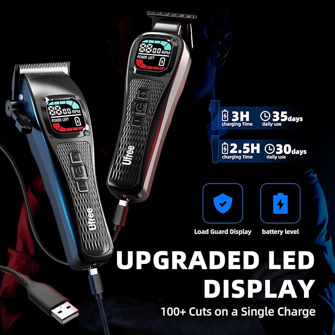 Ufree Professional Hair Clippers for Men, Barber-Grade Cordless Clipper & Split Trimmer Set with LCD Display & Long Lasting Power, Hair Cutting Tools for Home Haircuts, Fading, Beard Trimming