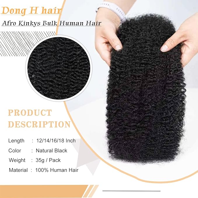Afro Kinkys Bulk Human Hair for Dreadlock Extensions Repair Locs Afro Kinky-Curly Bulk Human Hair for Mini Twist 100% Real Human Hair for Braiding Micro Locs Extensions 16Inch(1B,35g/pack)