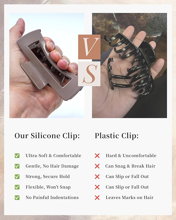 Mesovor 2 Styles Silicone Flexible Hair Claw Clips, 6 Pack Soft Bendable Hair Clips for Women | Rectangle Small Large Cozy Hairclips (Light Khaki, Dark Khaki, Coffee)