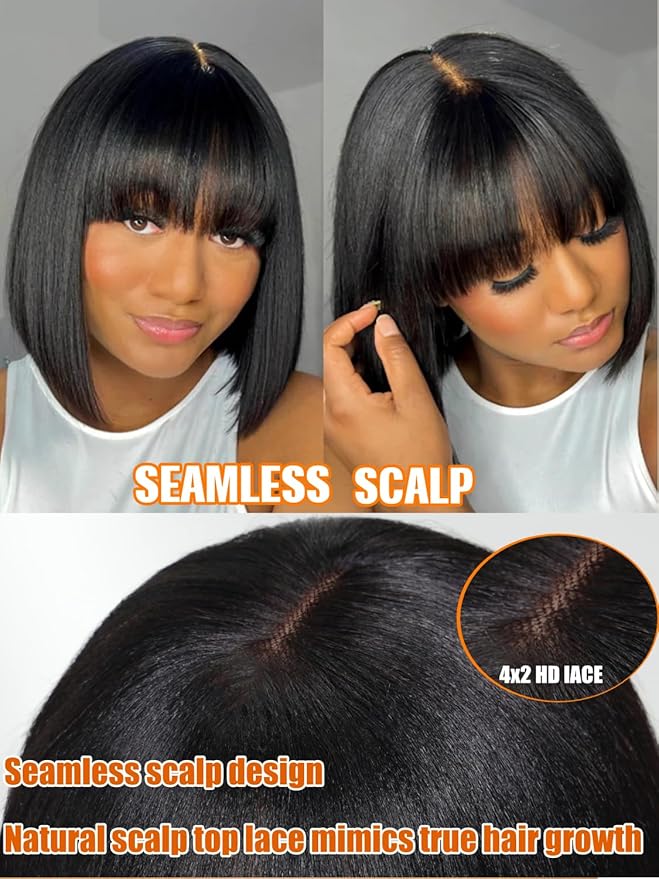 Julia Hair 10 Inch Light Yaki Straight Bob Wig with Bangs Human Hair Glueless 2x4 HD Lace Realistic Short Black Ready to Wear Blunt Cut Bob Wigs Natural for Black Women Beginner Friendly