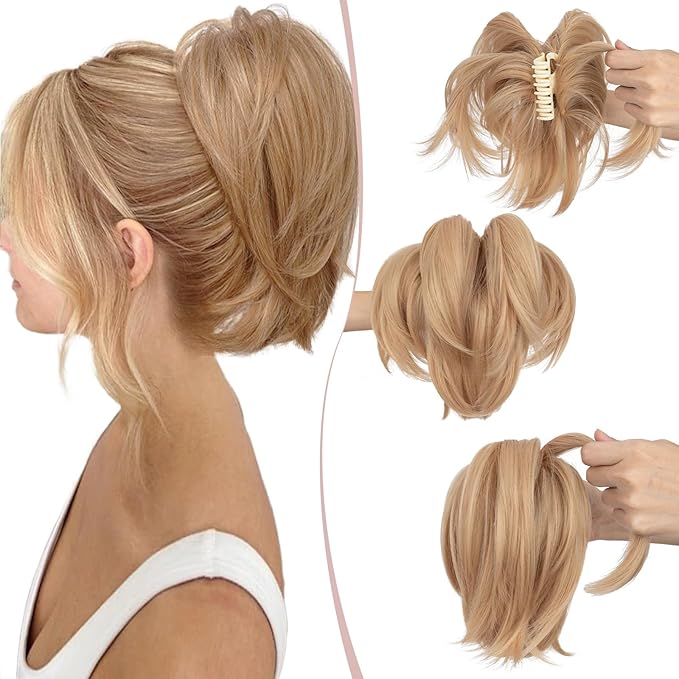Claw Clip Short Ponytail Hair Extensions Messy Bun Hair Piece Pony Tails Hair Extensions with Bendable Metal Wire Hair Pieces DIY Style 8 Inch 24 Mousy blonde