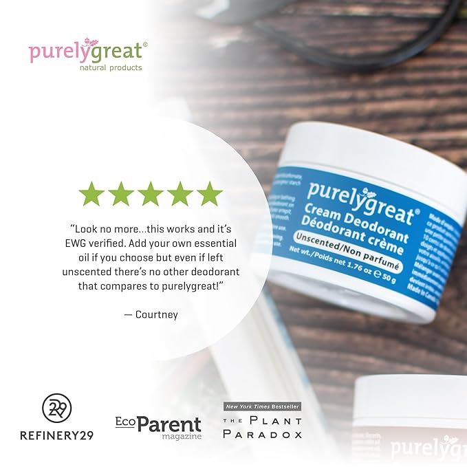 Purelygreat Cream Deodorant, Aluminum-Free, Deodorant Cream for Lasting Odor Control, Vegan, Cruelty-Free Natural Deodorant for Women & Men, Contains No Chemicals, Parabens, or BPA, Unscented, 1.76oz