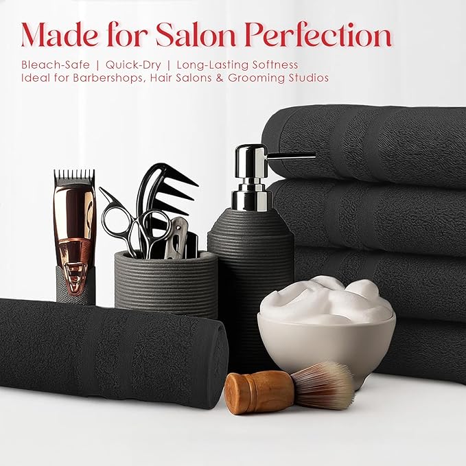 RIVERSIDE Pack of 24 Salon Towels Set – 16 x 26 Inches, 100% Ring Spun Cotton Highly Absorbent and Quick Dry Towels for Salon, Hand, Barber, Gym, Home & Hair Care, Black