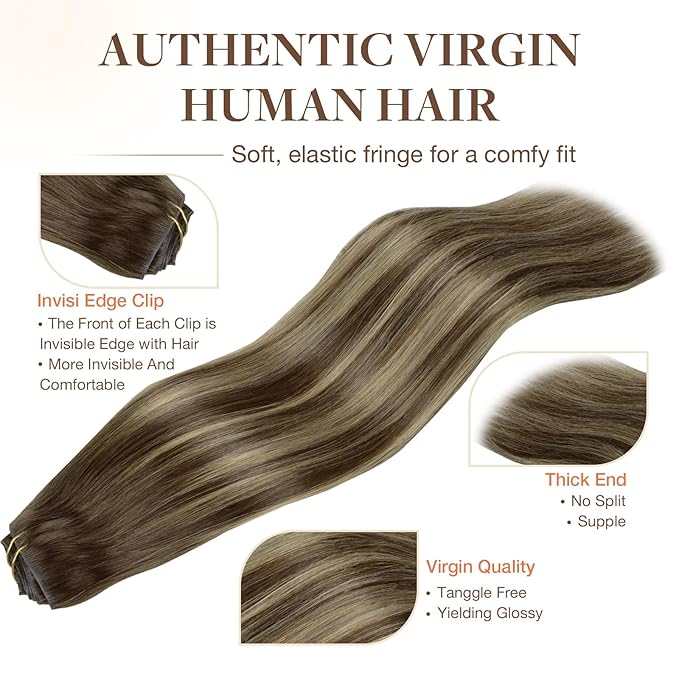 GOO GOO Invisi Edge Clip in Hair Extensions 20inch 130g 7Pcs Injected Seamless PU Clip in Hair Extensions, Virgin Real Human Hair, #4/26/4 Balayage Chocolate Brown to Honey Blonde