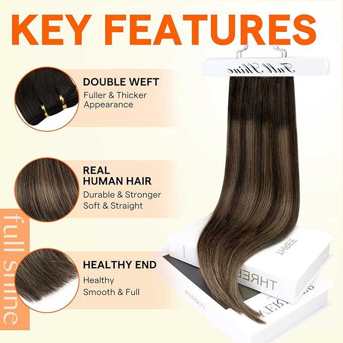 Full Shine Weft Extensions Hair Extensions Real Human Hair Balayage Dark Brown To Light Brown Mix Dark Brown Sew In Hair Extensions Double Weft Human Hair 80G 12 Inch