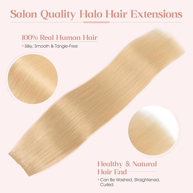 Hairro Wire Hair Extensions Human Hair, Fish Line Invisible Adjustable & Clips in Extensions Straight, 100% Real Hairpieces Seamless Blending for Women, 22 Inch 100g Bleach Blonde