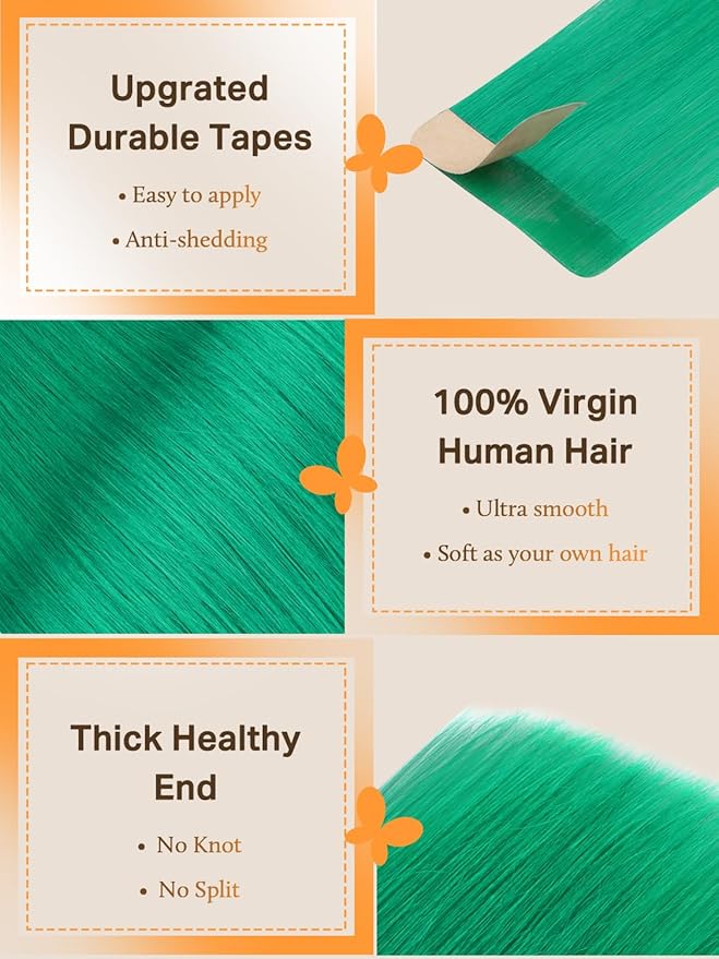 DOORES Real Human Hair Extensions, Green Tape in 14 Inch 10pcs 25g, Remy Hair Straight Natural Skin Weft