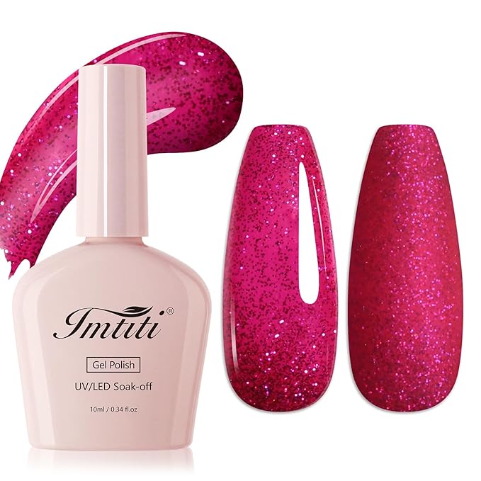 Imtiti Glitter Gel Nail Polish, 1Pcs Hot Pink Sparkle Rose Soak Off UV LED Gel Polish, Nail Art Starter Manicure Salon DIY at Home for Women (0.34 Fl Oz-960)