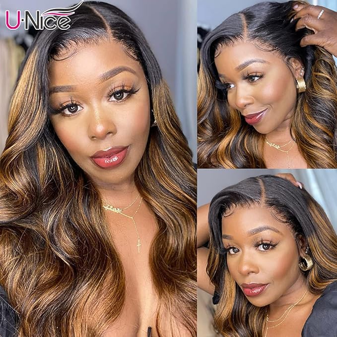 UNICE Ombre Body Wave Human Hair 4x4 Lace Closure Free Part, Brazilian Human Remy Hair Brown Higlight Closure with Dark Roots FB30 Color 16 inch