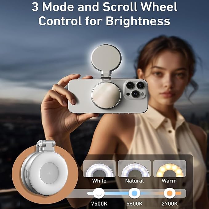 C03 Magnetic Selfie Light, Phone Light Compatible with iPhone Magsafe, CRI97 360° LED Ring Fill Light with Mirror for Selfies/Photography/TikTok/Zoom Calls/Video Conference