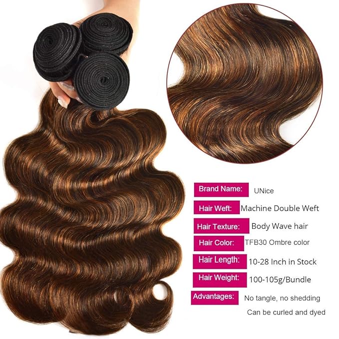 UNICE Brown Highlight Body Wave Human Hair 3 Bundles with 4x4 lace closure Free Part, Brazilian Remy Hair Ombre Human Hair Wavy Weaves FB30 Color 16 16 18+14 Closure